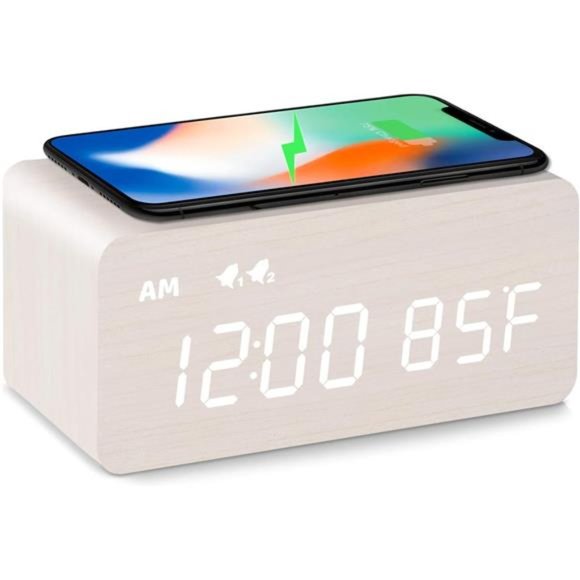 Digital Wooden Alarm Clock with Wireless Charging 0-100% Dimmer, Dual Alarm - Picture 1 of 5